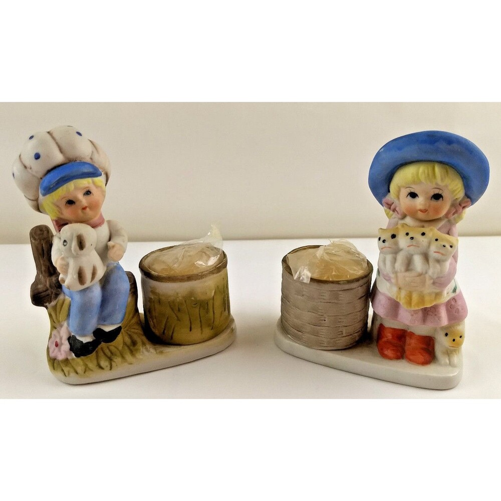 Girl Boy w Puppy Dogs Votive Candle Holders Vintage Figurines Little Luvkins Set
